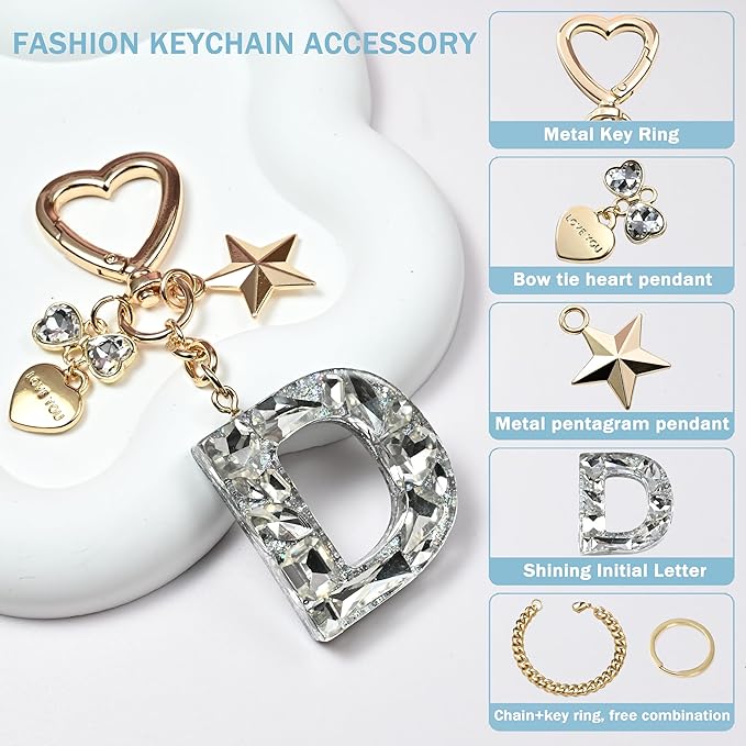 Cute Bling Keychain initial Letter Butterfly Star Pink Purple Gift for Women Girls Bag Cup Charms Accessories