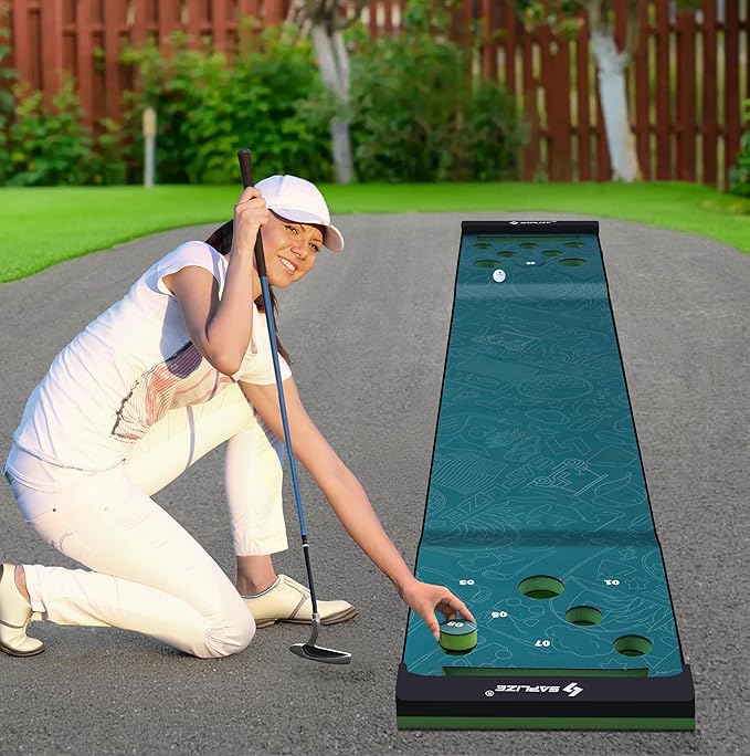 SAPLIZE Golf Putting Mat/Putting Green Mat - Adjustable Slope, Trajectory Tracking, Automatic Ball Return & Pong Game Modes |Portable Practice Green for Home, Office, Indoor & Outdoor