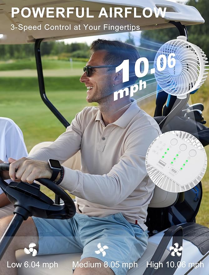 2-Pack Magnetic Golf Cart Fan Rechargeable, 12000mAH Battery Operated Portable Fan with 3 Speeds, LED Lantern, Magnetic Base, Suitable for EZGO Club Car Yamaha, Golf Cart & Cruise Ship Accessories