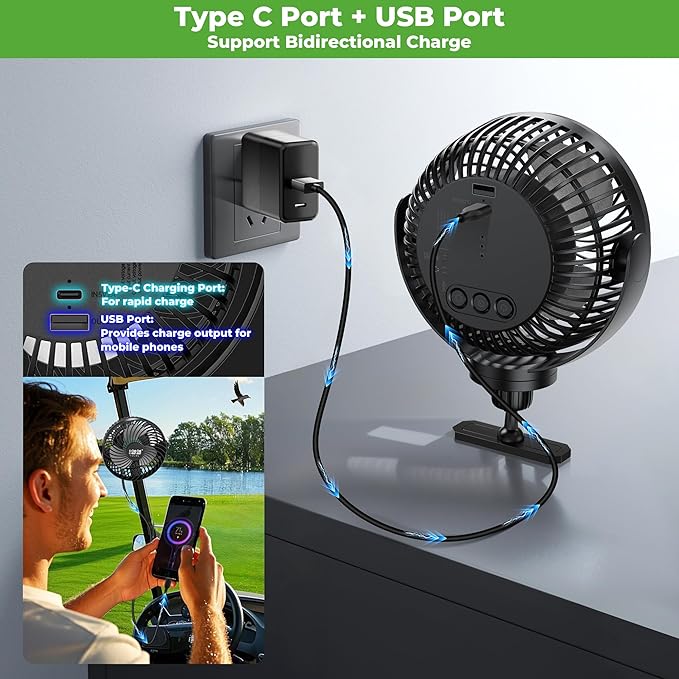 10L0L Magnetic Golf Cart Fan Rechargeable Big Battery Powered Portable Fan,3 Speeds/2 LED Light/56 Hrs Runtime /360°Rotatable with Magnetic Base,USB & Type C Ports,Cool Summer Golf Cart Accessories