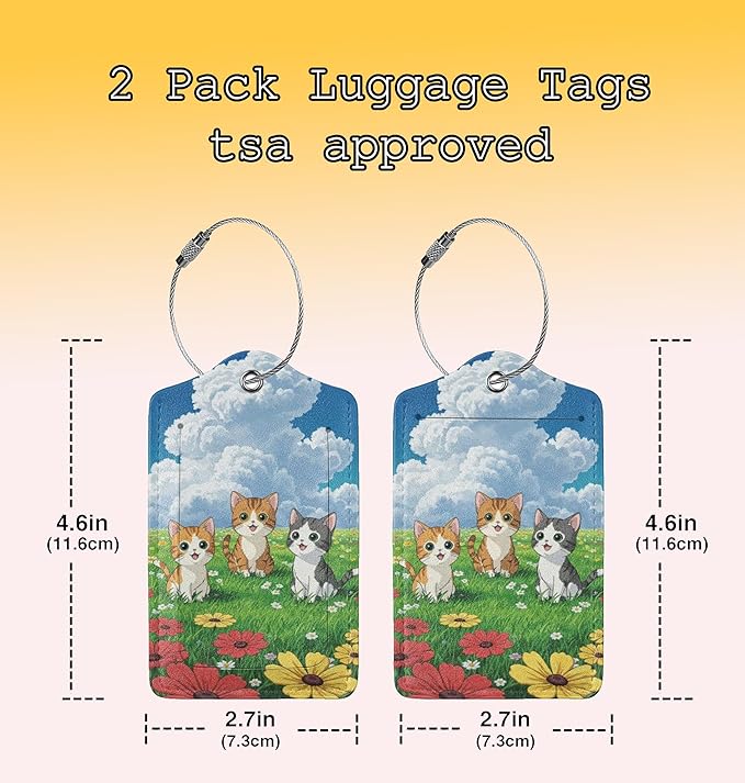 TSA Approved Luggage Tags for Suitcases Cat and Flower 2 Pack Funny Leather Carnival Cruise Airport Cute Travel Name Tags Golf Bag tag Ships Essentials Privacy Cover ID Label for Women Men
