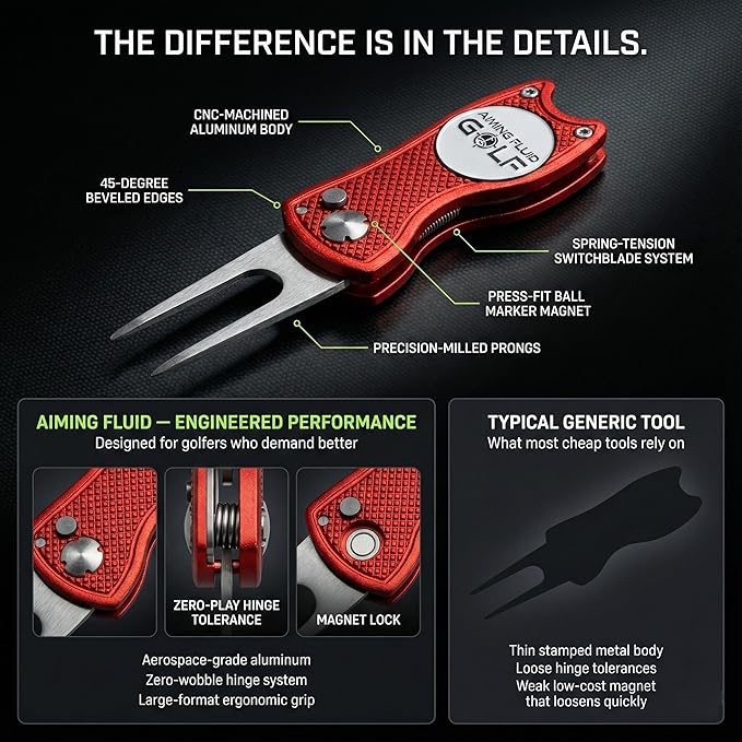 Golf Divot Repair Tool — 5-in-1 Golfing Ball Marker, Pitch Mark Repair, Putting Alignment, Club Tee, and Groove Cleaner, Accessory Metal Switchblade Design - Ideal Gift for Golfers