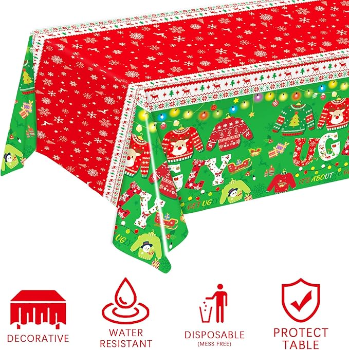 3 Pieces Christmas Tablecloth Plastic Ugly Sweater Table Cover for Ugly Sweater Party Decorations Christmas Party Supplies, 54x108 inch
