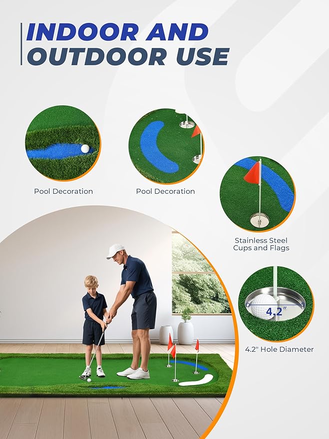 Golf Putting Green, Professional Grade Large Golfing Putting Mats with Sand Pit and Water Hazard for Indoor Outdoor