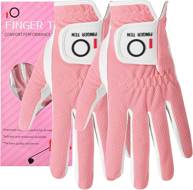 FINGER TEN Womens Golf Glove Right Handed Golfer Left Hand Rain Grip Hot Wet All Weather Value 2 Pack, Golf Gloves Breathable Flexible for Ladies Women