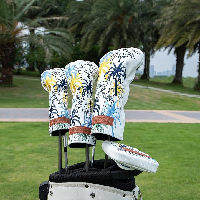 Golf Club Head Covers 3 Wood Headcover Hawaii Coconut Tree Style Elegant Embroidery Premium Leather Waterproof Driver Cover Fairway Wood Cover Hybrid Cover with Number Tags