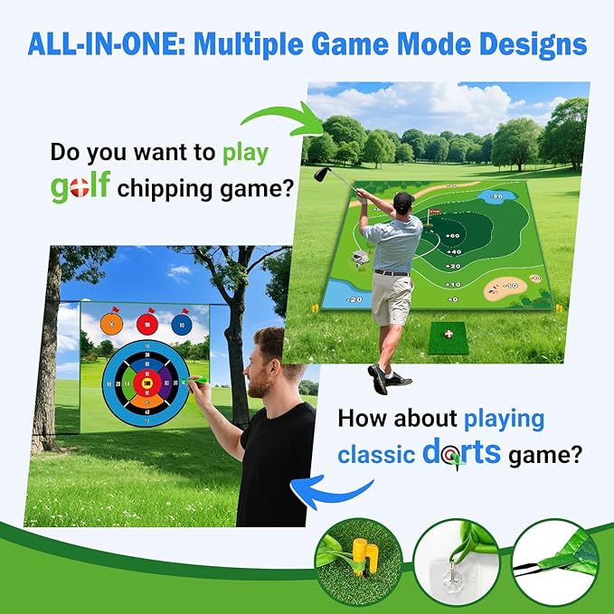 LINKET Golf Mat, 70"x70" Double-Sided 2in1 Golf Hitting Mat, Portable Golf Game for Chipping Practice for Dads & Junior Golfers - Golf Mats with 20 Sticky Balls & Golf Turf Mat for Indoor and Outdoor
