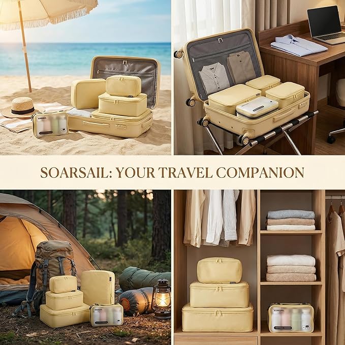 6 Set Compression Packing Cubes for Travel, Large Medium Small Luggage Organizers, Storage Bags for Clothes and Essentials (6 Pack, Bright Yellow)