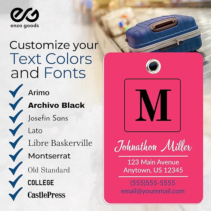 Personalized Luggage Tag | 4 Pack | Custom Luggage Tags for Suitcases | Kids Backpack Tag | 10 Color Options & Choose Font, Font Color