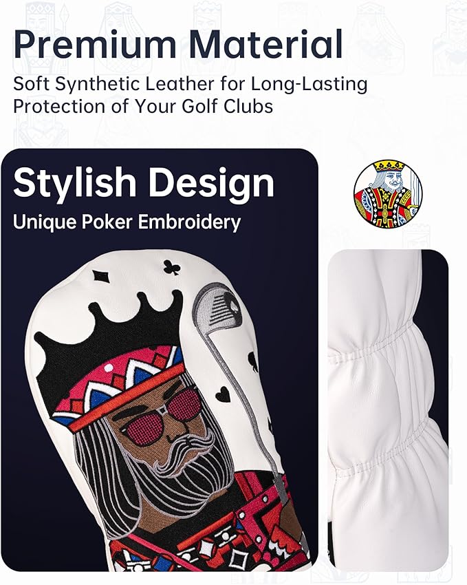 Golf Club Covers – Funny Poker Leather Driver Headcover, Fairway Wood & Hybrid, Cool Embroidered Golf Headcovers
