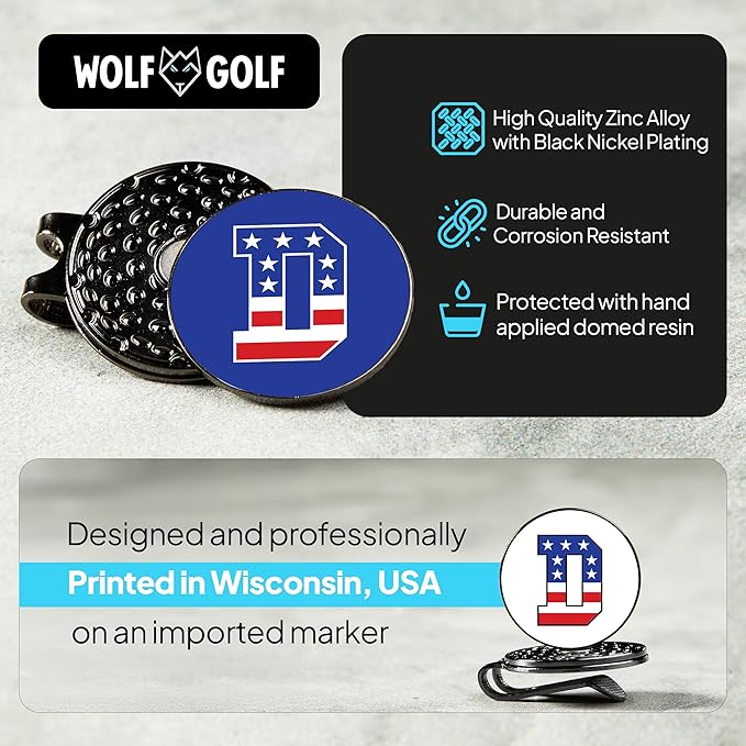 Wolf Golf Towels Golf Ball Marker Hat Clip | USA Monogram | 1 Magnetic Clip + 3 Ball Markers | Patriotic Golf Accessories for Men & Women