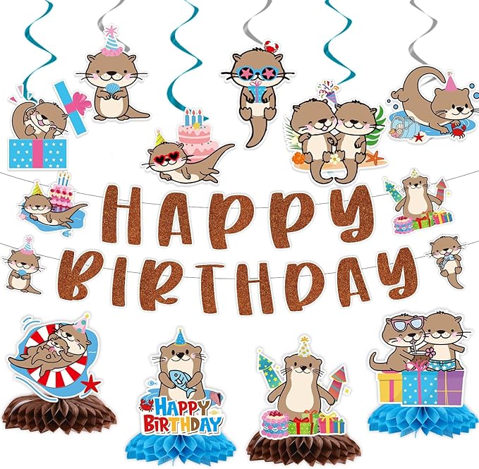 Otter Birthday Party Decorations - 12PCS Sea Otter Party Decorations Happy Birthday Banners Hanging Swirls Honeycomb Centerpieces Under the Sea Ocean Animal Themed Supplies Decor