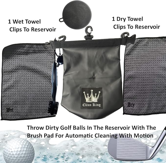 Keyfit Tools Clean King Golf Club Cleaner Golf Ball Grip Washer Holder Accessories Cleaning On Your Bag ~ 1 Wet Towel 1 Dry Towel 1 Water Reservoir 1 Interior Brush Pad 1 Exterior Brush Groove Tool
