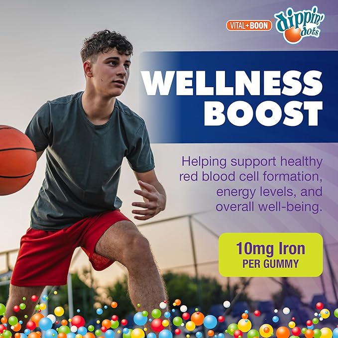 Iron with Vitamin C & B12 Gummies (60 Count) Vital for Red Blood Cell Formation | Gum Drop Grape Real Pectin Fruit Chew Supplements | Vegan, Non-GMO, Gluten Free & Gelatin Free