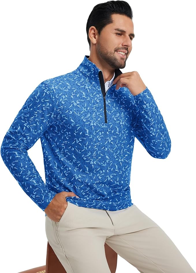 M MAELREG Quarter Zip Golf Pullover Men Dry Fit Long Sleeve Performance Wicking 1/4 Zip Full Print Pullover Mens Sweatshirt