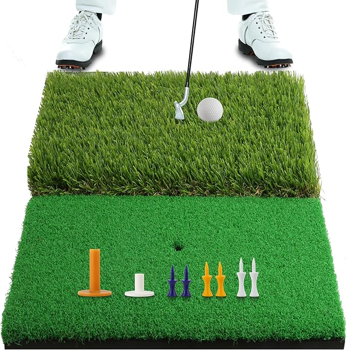 Golf Practice Mat Golf Hitting Mat for Swing, Putting & Chipping | Portable Golf Training Mat Indoor/Outdoor, Dual-Turf/Tri-Turf Golf Mat with 8 Tees