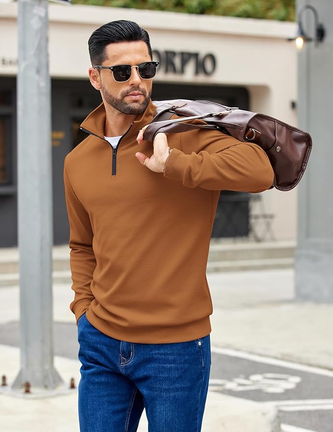 COOFANDY Mens Quarter Zip Pullover Sweatshirts Lightweight Long Sleeve Mock Neck Sweater Polo