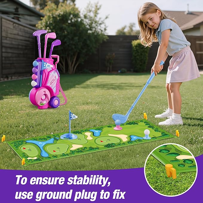 Toddler Golf Set 2-4 Years, Kids Golf Club with 8 Balls, 4 Plastic Clubs, Putting Mat, Scoreboard, Storage Bag, Indoor Outdoor Game with Golf Cart Sport Toy Gift for Baby Boys Girls Age 3-5, Pink