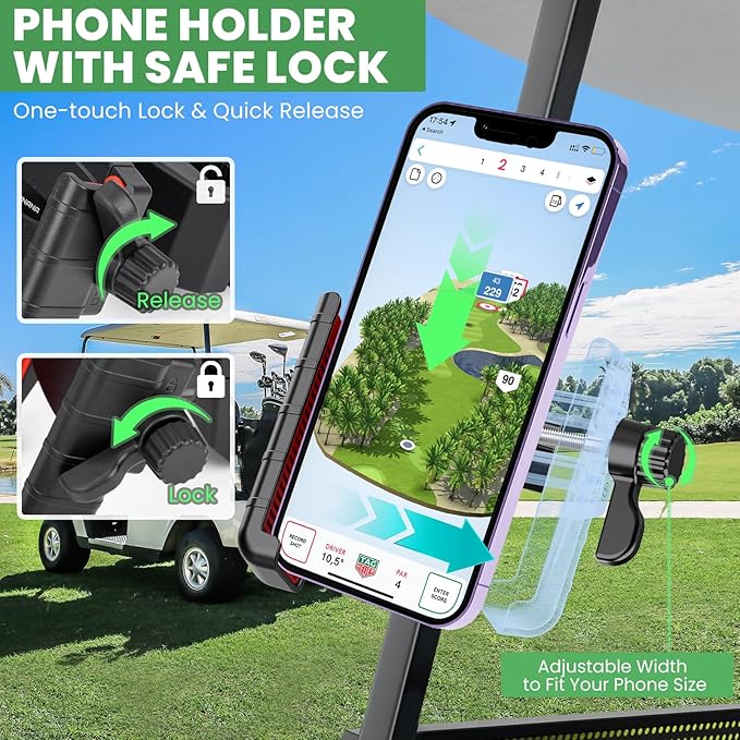Upgraded Golf Cart Phone Mount Holder Compatible with EZGO/Club Car, 360° Rotatable One-Handed Pick & Place Universal Compatible with iPhone Galaxy Google Pixel, Golf Cart Accessories