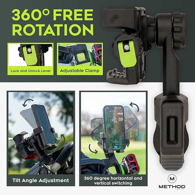 Method Golf CarryStack Golf Bag Phone Holder – Heavy Duty Magnetic Phone Mount for Most Smartphones with Magnetic Range Finder Strap- Full Rotation Open Face Design Converts Any Bag into a Tripod