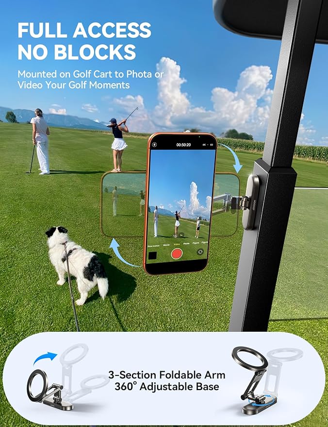 Upgraded Magnetic Golf Cart Phone Holder, [Tri-fold+All Alloy] Golf Gifts for Men Women Him Golf Cart Accessories 2025 Stocking Stuffers Compatible with MagSafe iPhone 17-12 Fits EZGO Club Car Yamaha