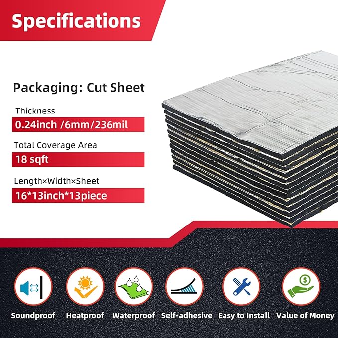 Car Sound Deadening Mat 236mil 18sqft - Automotive Hood Insulation Pad - Self-Adhesive Auto Audio Heat Shield Sound Dampening Foam Board Aluminum for Door Floor