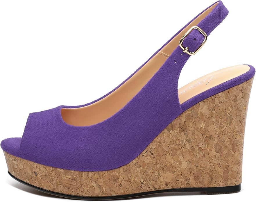 Womens Wedge Platform Sandals Peep Open Toe Slingback Buckle High Heel Dress Shoes Pumps Suede 3.94 Inch