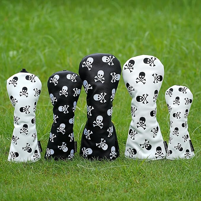 Set Golf Club Covers or 1pc Black Driver Headcover 3 5 Wood Headcover Hybrid Headcover Skull Heads Embroidery, PU Leather Golf Head Covers for Woods and Driver, Golf Accessories for Men