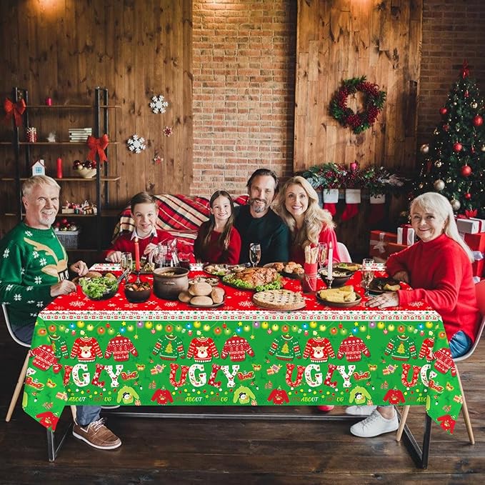 3 Pieces Christmas Tablecloth Plastic Ugly Sweater Table Cover for Ugly Sweater Party Decorations Christmas Party Supplies, 54x108 inch