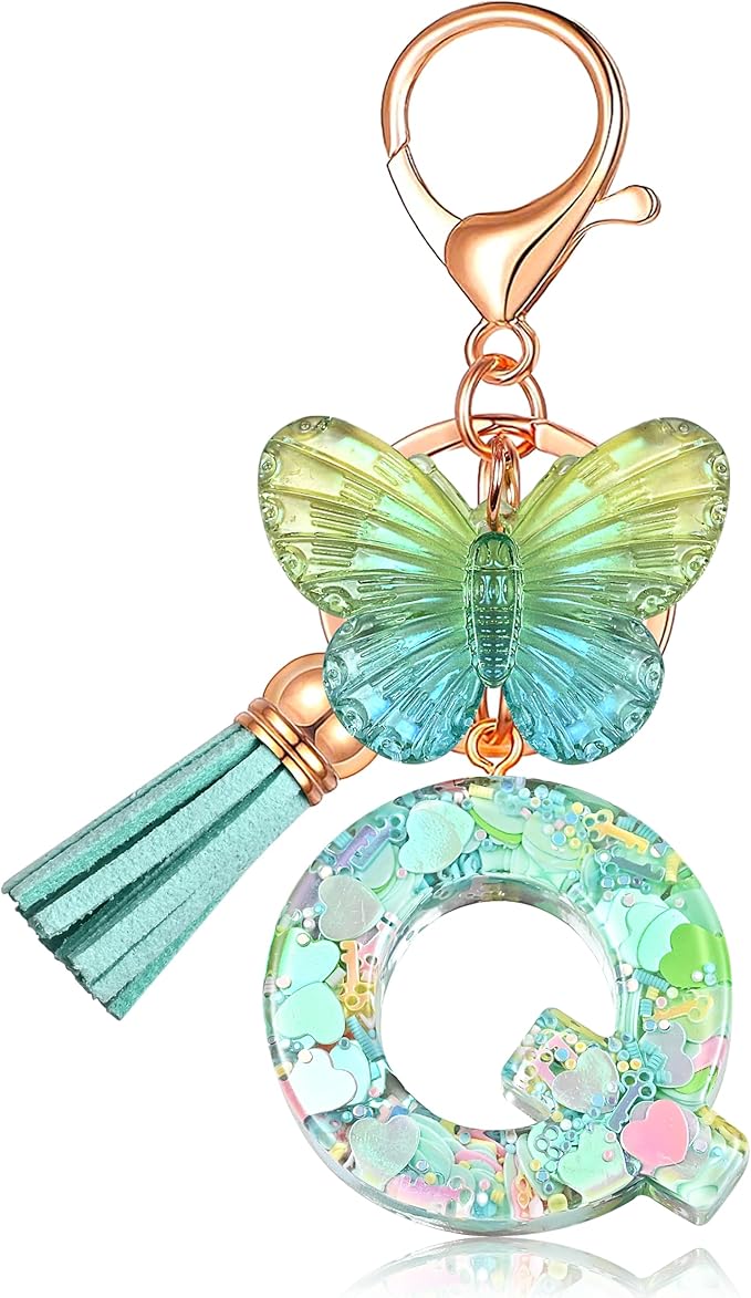 JINGUAZI Initial letter Keychains for Women Tassel Butterfly Pink Purple Cute Car Keychain for Wallet Backpack bag charm