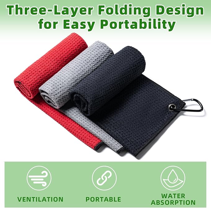 3 Pack Golf Towels(16" X 16") with Carabiner Clip,Microfiber Fabric Waffle Pattern Towels for Golf Bags,Tri-Fold Portable Towels for Men Women,Red/Black/Gray