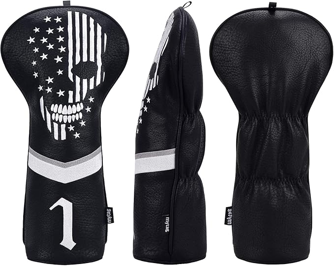 mytag Skull Skeleton Golf Head Covers Black Synthetic Leather Golf Headcovers Set Fits Driver Fairway Wood Hybrid/Utility Putter Iron Wedge Headcover