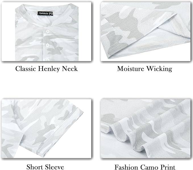 TAPULCO Mens Collarless Golf Shirts Short Sleeve Dry Fit Stretch Casual Breathable Lightweight Tshirts