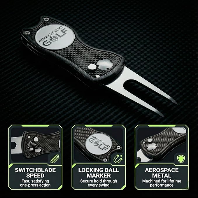 Golf Divot Repair Tool — 5-in-1 Golfing Ball Marker, Pitch Mark Repair, Putting Alignment, Club Tee, and Groove Cleaner, Accessory Metal Switchblade Design - Ideal Gift for Golfers