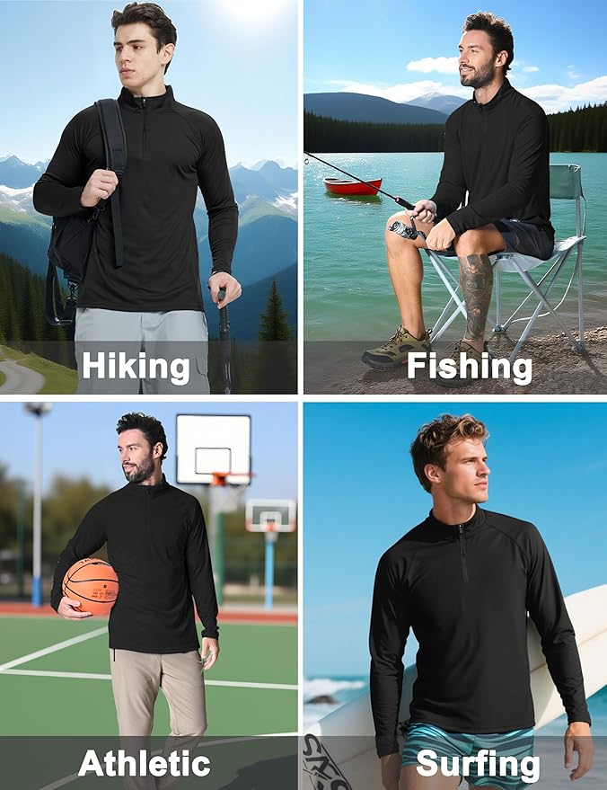 CRYSULLY Men's Long Sleeve 1/4 Zip Shirts Sun Protection Pullover UPF 50+ Rash Guard Running Lightweight T Shirt