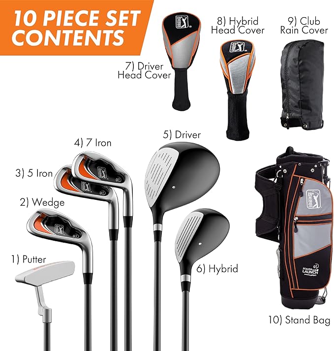 PGA Tour Youth Golf Club Set for Ages 8-12 (4’8”-5’2”) and 12+ (5’2”+), Right and Left-Handed Kids Golf Sets – Beginner Junior Golf Clubs with Lightweight Stand Bag, Mallet Putter, Hybrid, Driver