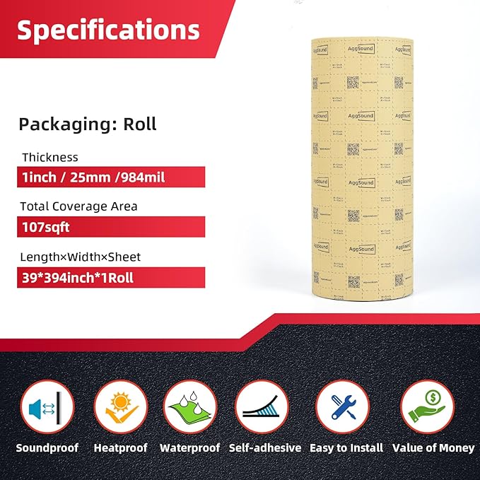 Sound Deadening Mat 1inch(25 mm) 107.64sqft - Closed Cell Foam Car Sound Deadening Material - Self-Adhesive Hood Insulation Heat Shield Auto Sound Dampening
