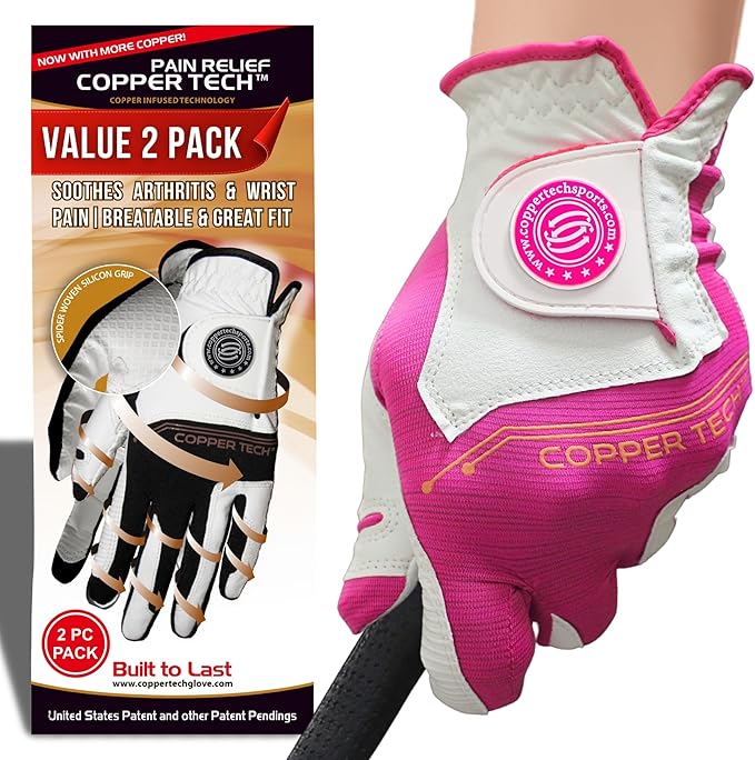 Copper Tech Ladies Golf Gloves Women Right Handed Golfer or Left Handed Golfer 2 Pack | Copper Compression Joint Support with Flexible & Comfortable Fit | AAA Leather & Silicone Tacky Pad