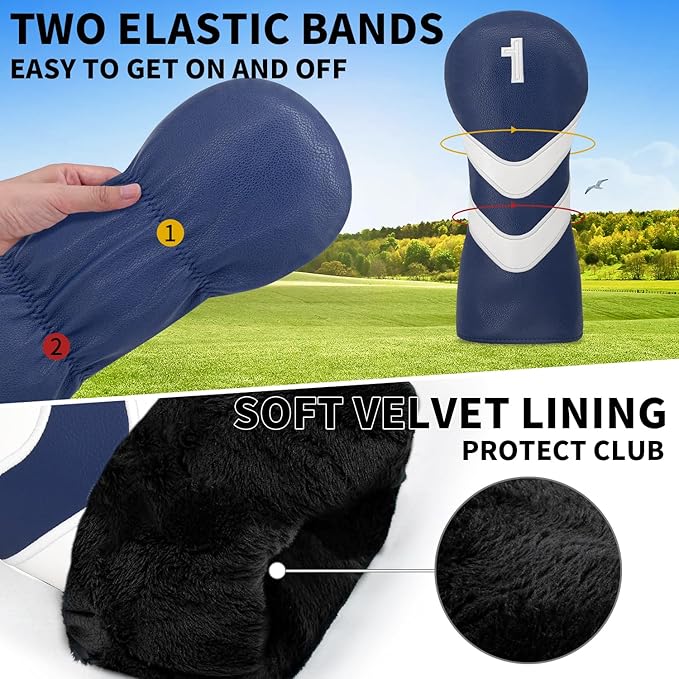 Golf Head Cover Golf Club Blue Leather Headcovers Set Fits Driver Fairway Wood Hybrid Utility Putter Iron Wedge Headcover.