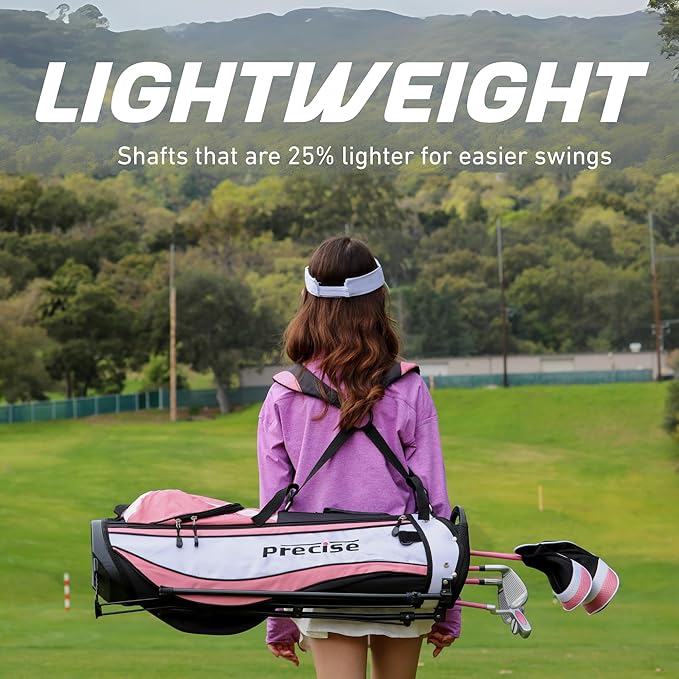 Precise X7 Kids Golf Clubs Set – Boys’ & Girls’ Junior Golf Set with Lightweight Graphite Shafts, Hybrid, Putter & Stand Bag