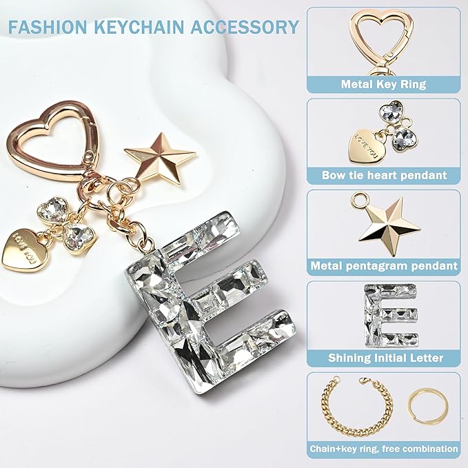 Cute Bling Keychain initial Letter Butterfly Star Pink Purple Gift for Women Girls Bag Cup Charms Accessories
