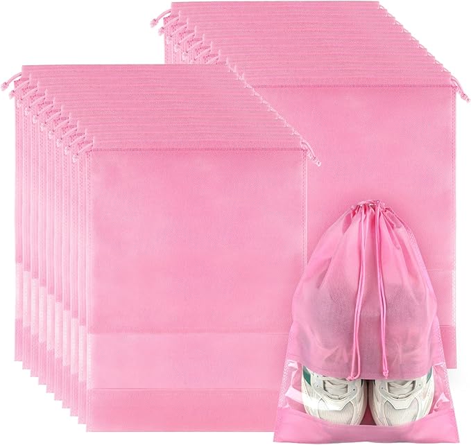 20 Pack Shoe Bags for Travel, Large Travel Shoe Bags for Packing with Clear Window, Dustproof Drawstring Travel Shoe Storage Bags Travel Essentials for Men & Women, Pink