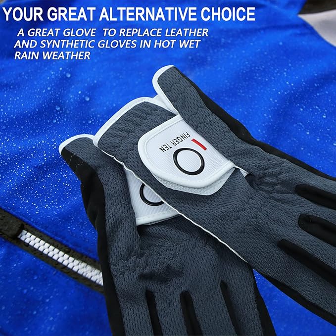 FINGER TEN Men's Golf Gloves for Right Left Handed Golfer Rain Grip Value 2 Pack, Golf Glove for Left or Right Hand Hot Wet Weather No Sweat Black Gray White Blue