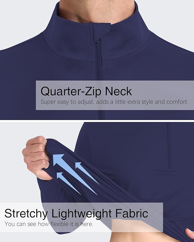Mens Long Sleeve Shirts Quarter Zip Pullover UPF 50+ Sun Protection Wicking Moisture Workout Running Casual Athletic Tops