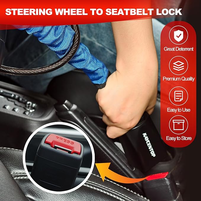 KAYCENTOP Car Steering Wheel Lock to Seat Belt Lock, Anti-Theft Device, Max 17 Inch Length, Small and Light-Weight, Multi-Functional, Fit Most Vehicle, SUV, Golf Cart Security (Blue)