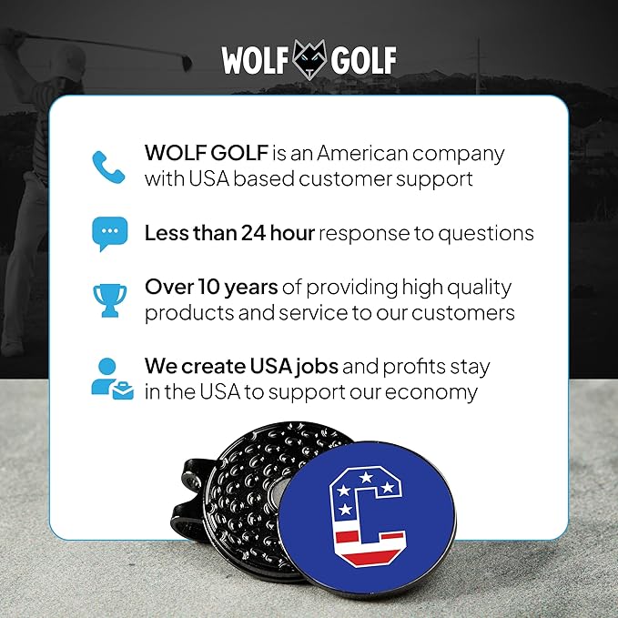 Wolf Golf Towels Golf Ball Marker Hat Clip | USA Monogram | 1 Magnetic Clip + 3 Ball Markers | Patriotic Golf Accessories for Men & Women