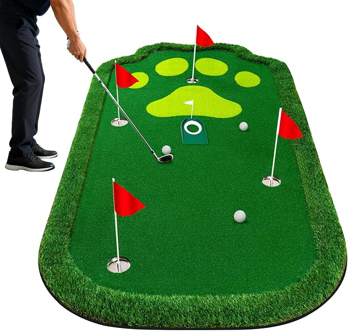 Golf Putting Green Indoor Outdoor Putting matt Professional Training Mat Practice Putting Mat with 3 Flags 1 Movable Cup 2 Slope Pad 5x10ft
