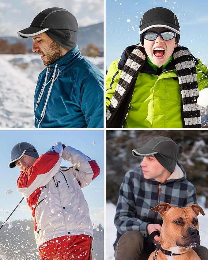 GADIEMKENSD Fleece Ball Cap with Drop Down Ear Warmer, Foldable Brim, Reflective Winter Run Hat Unisex