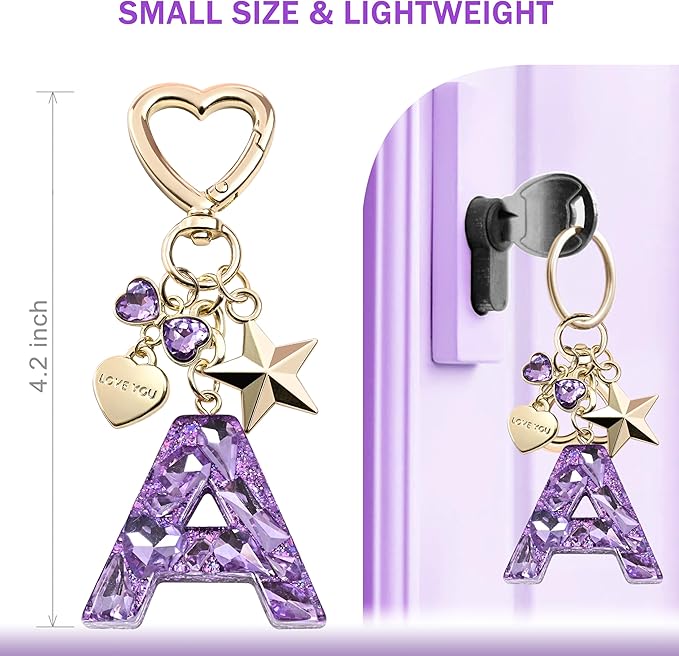 Cute Bling Keychain initial Letter Butterfly Star Pink Purple Gift for Women Girls Bag Cup Charms Accessories
