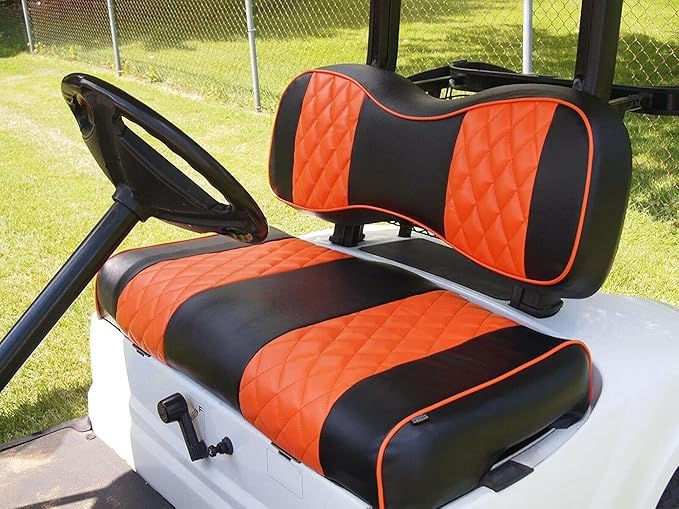 Huskey 4PCS Golf Cart Front/Rear Seat Covers for EZGO Freedom TXT 2014+, Valor Custom Two-Tone Black/Orange Diamond Stitching with Orange Piping, Marine Grade Vinyl Material, Staple on Design